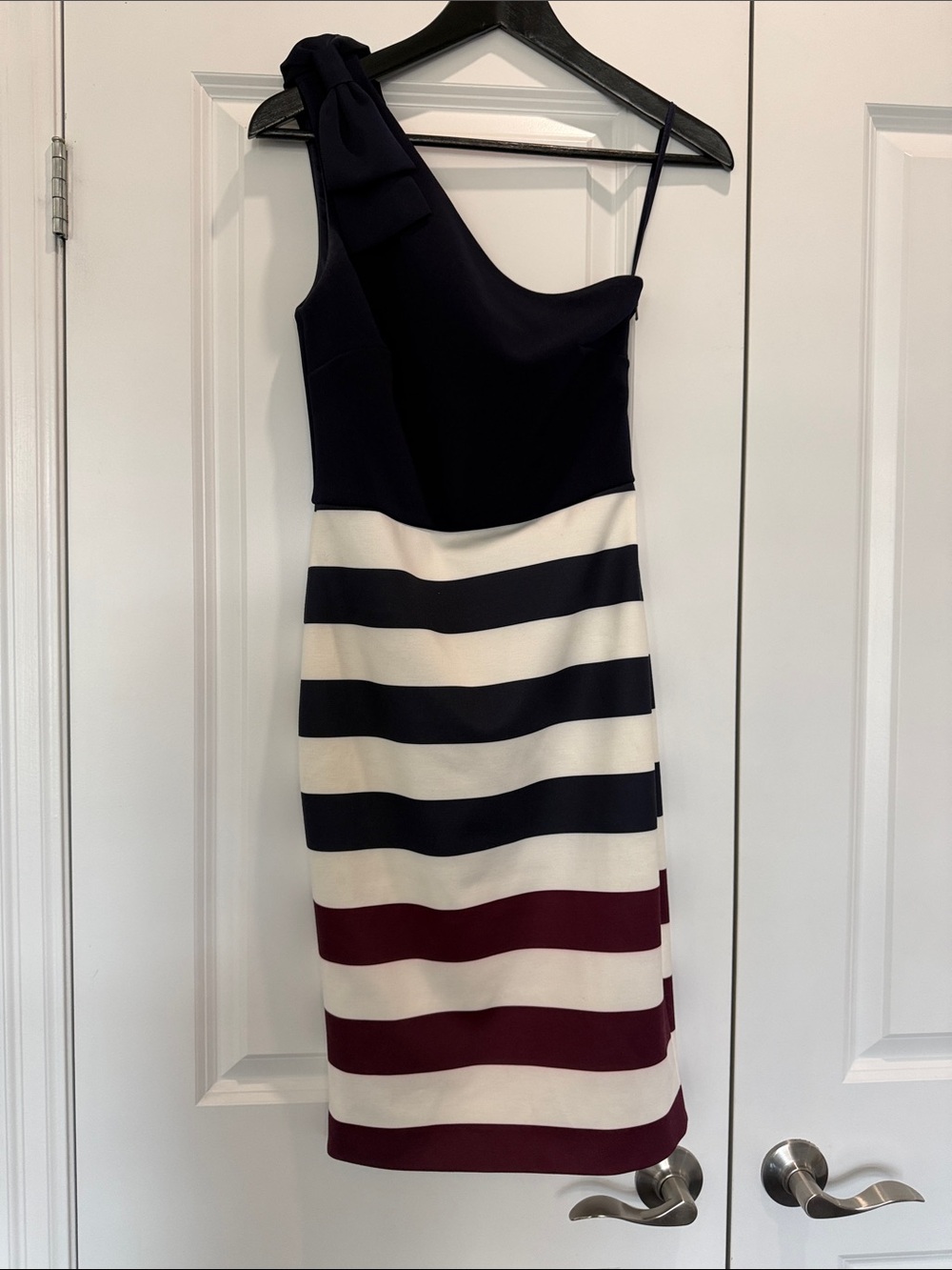 Ted Baker One-Shoulder Bow-Accent Stripe Dress in Navy, White & Burgundy